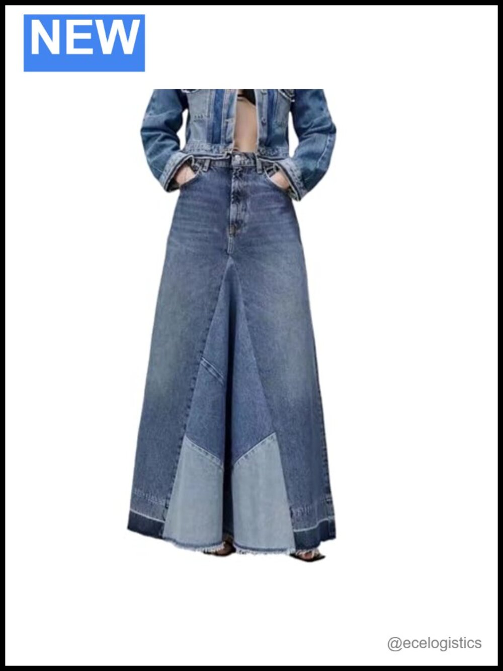 Distressed Patchwork Long Denim Maxi Skirt High Waist Frayed A-Line Raw Hem